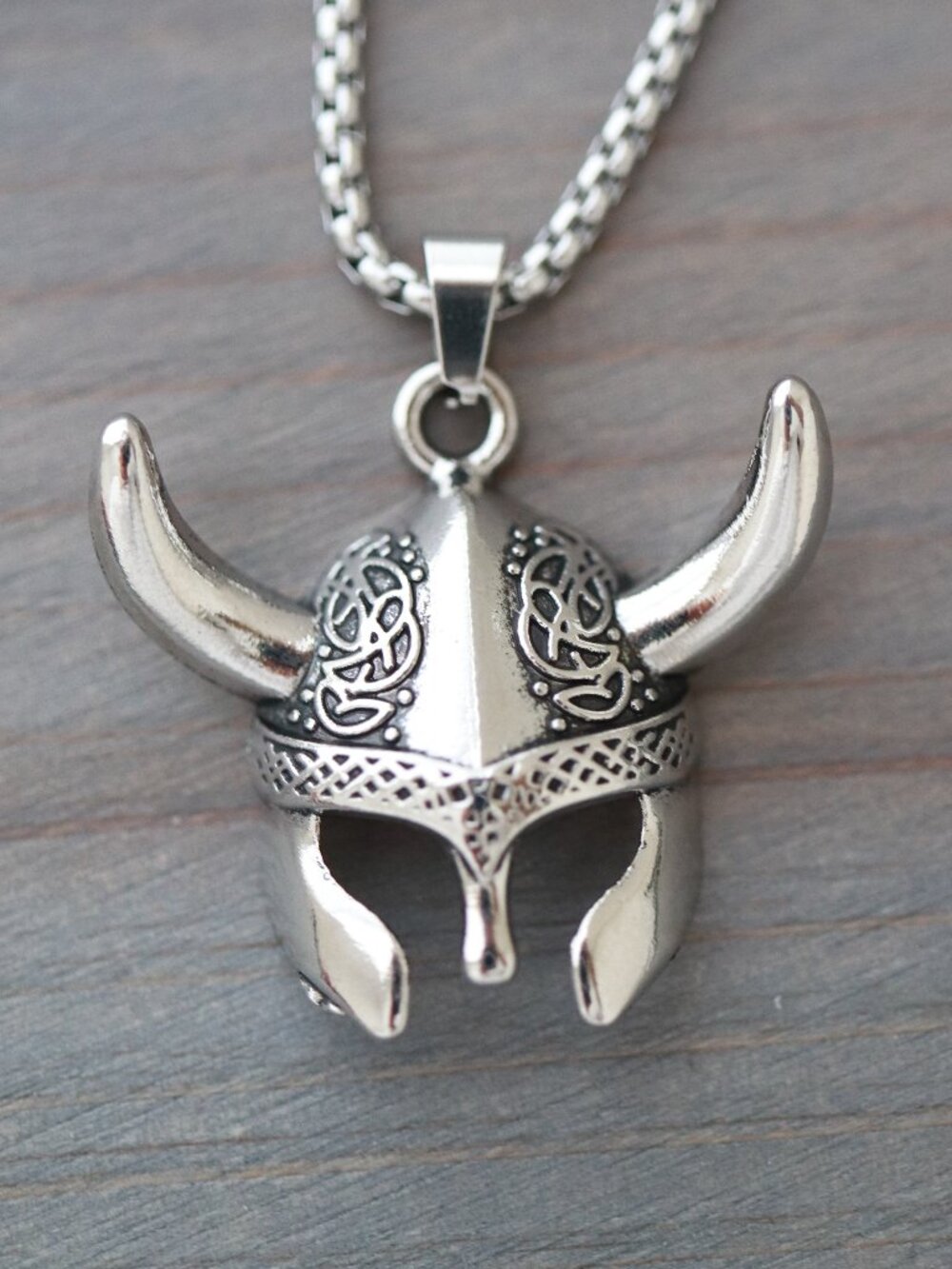 Viking Mask Pendant Necklace Silver Stainless Steel